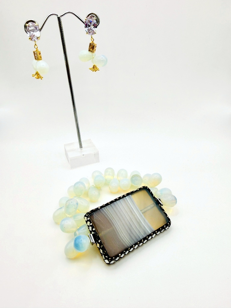 "Moonlight Opal" Opalite Bead & Banded Agate Bracelet with Crystal Drop Earrings Set