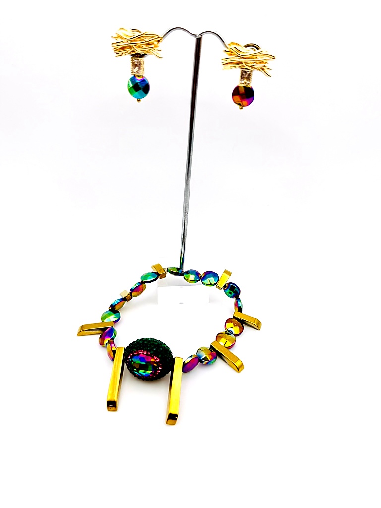 Iridescent Rainbow Hematite & Zirconia Gold Drop Earrings